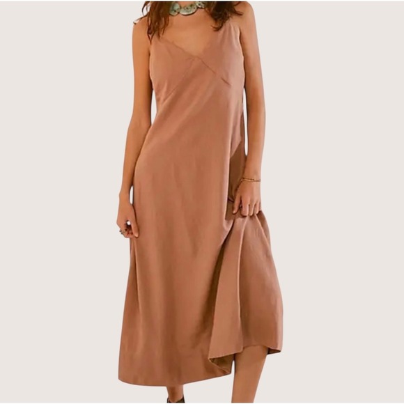 Free People Dresses & Skirts - Free People Linen Blend Side Button Midi Slip Dress Mauve Brown Size‎ M